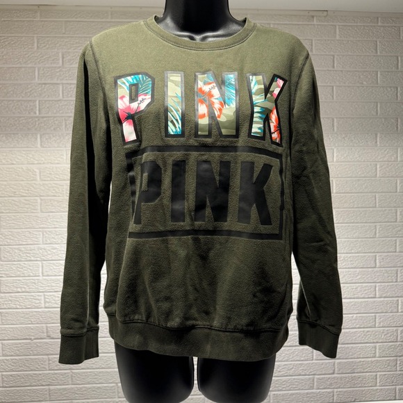 PINK Victoria's Secret Olive Green Floral Logo Crew Neck Sweatshirt - Picture 1 of 3